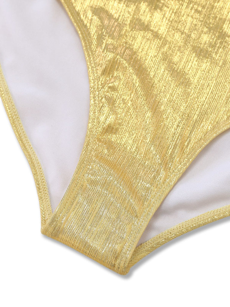 Maillot de bain une pièce doré à bretelles froncées et perles années 1980