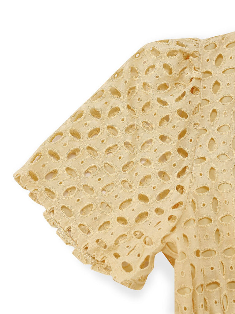 Robe longue volants col V dentelle ajourée années 1940