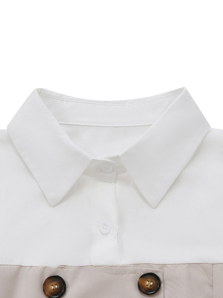 Robe Midi Beige Bloc Couleur Revers Boutonnée Années 1940