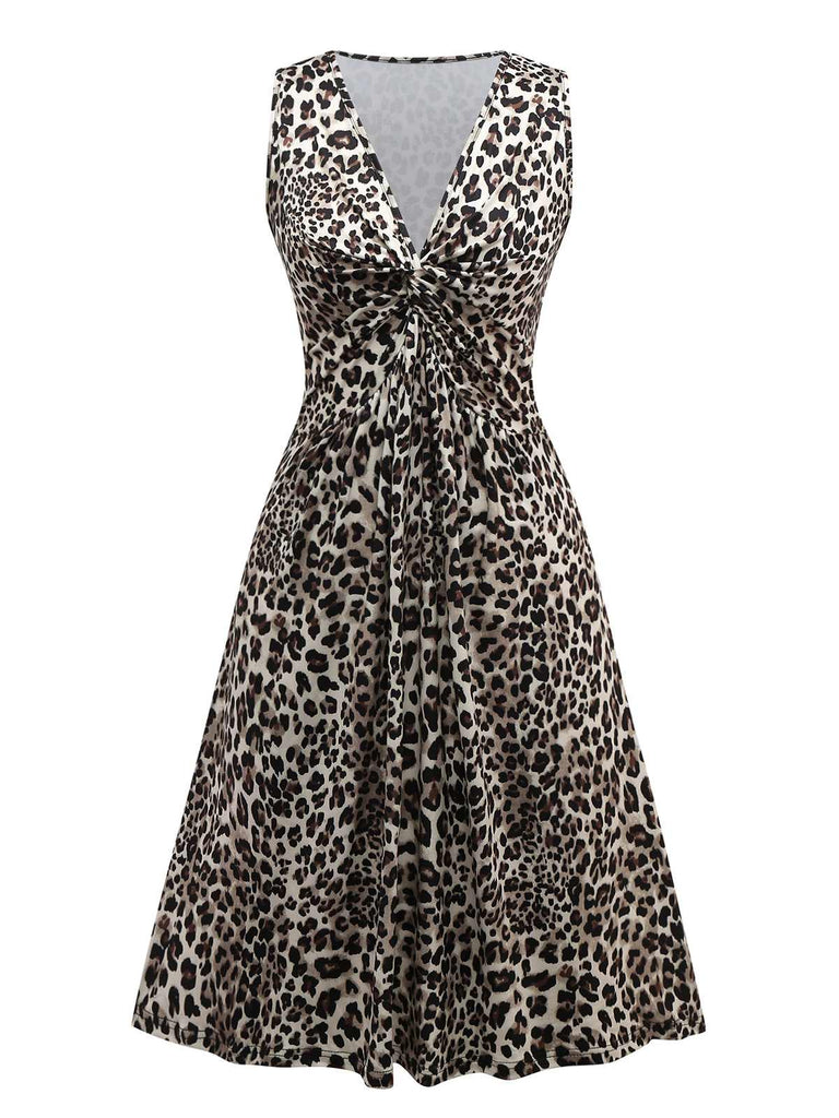 Robe plissée léopard à larges bretelles années 1950
