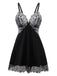 Chemise de nuit noire en velours et dentelle des années 1950