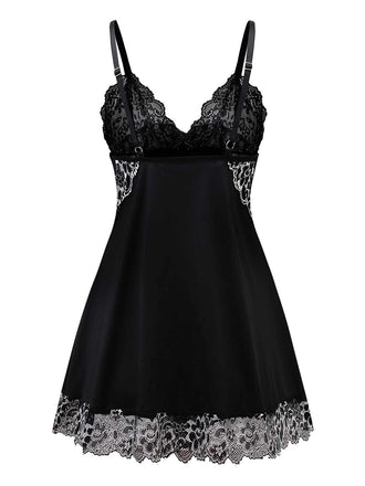Chemise de nuit noire en velours et dentelle des années 1950