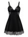 Chemise de nuit noire en velours et dentelle des années 1950