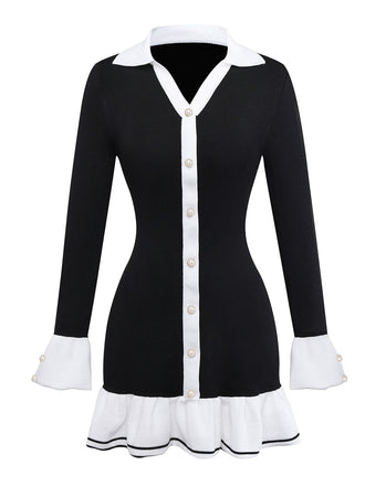 Robe noir et blanc à volants en tricot contrasté années 1970