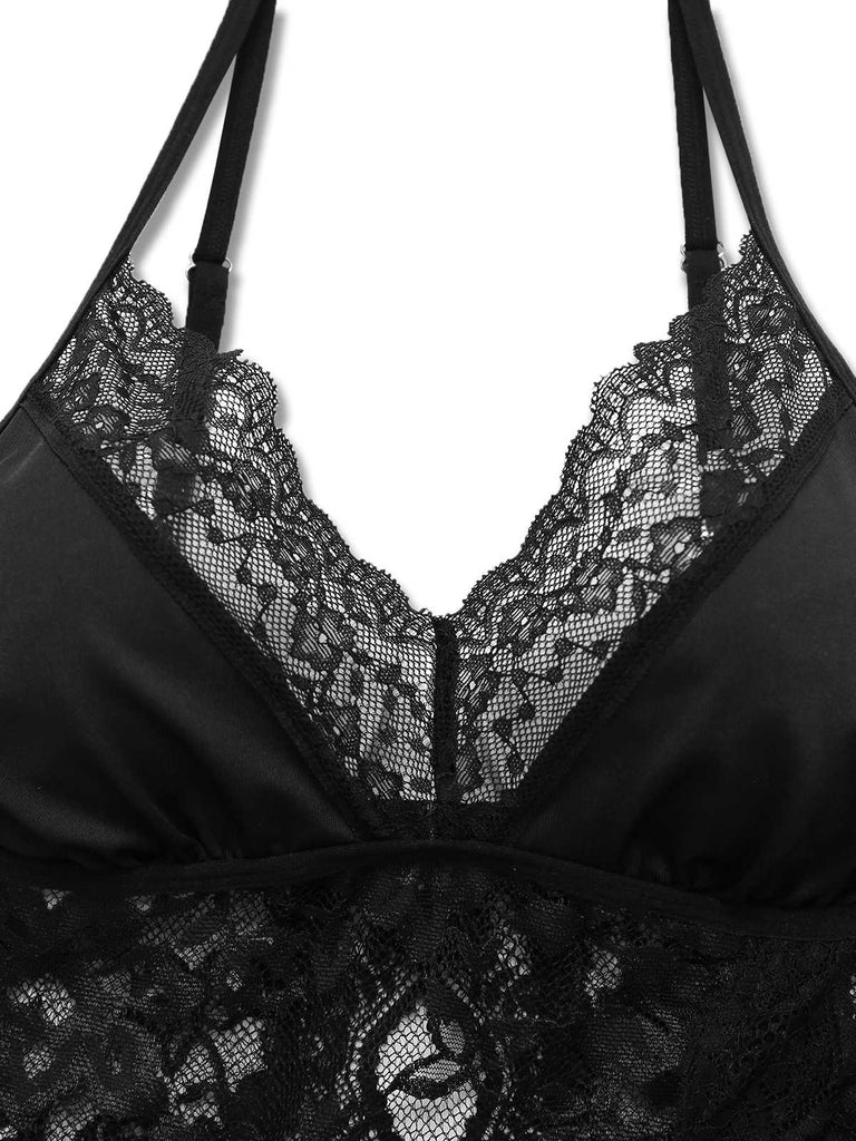 Pyjama noir à fleurs en dentelle des années 1950