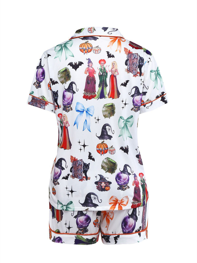 Ensemble de pyjama en satin imprimé sorcière Halloween des années 1970