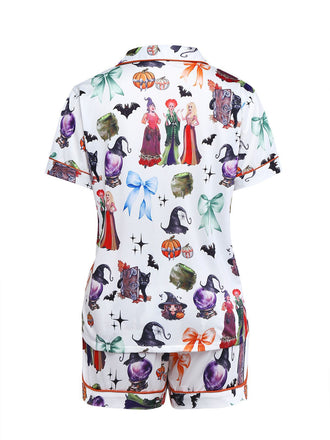 Ensemble de pyjama en satin imprimé sorcière Halloween des années 1970