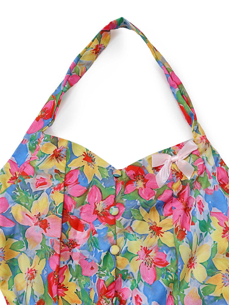 Robe Multicolore Halter Fleurs Nœud Cœur Années 1960