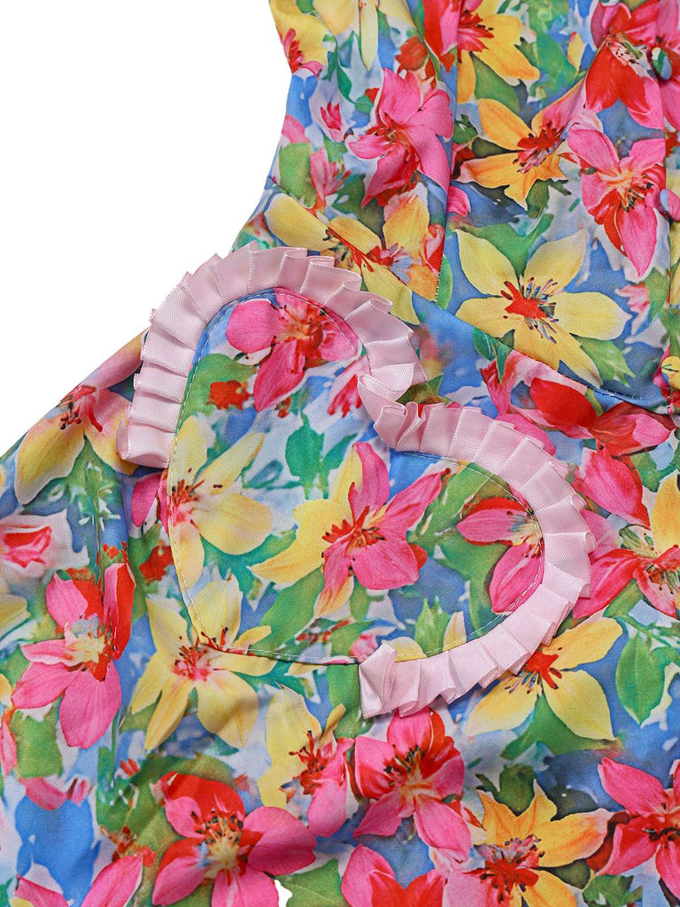 Robe Multicolore Halter Fleurs Nœud Cœur Années 1960