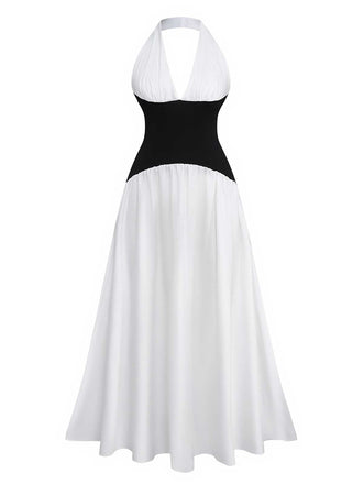 Robe longue col V profond et dos nu des années 1970