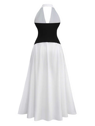 Robe longue col V profond et dos nu des années 1970