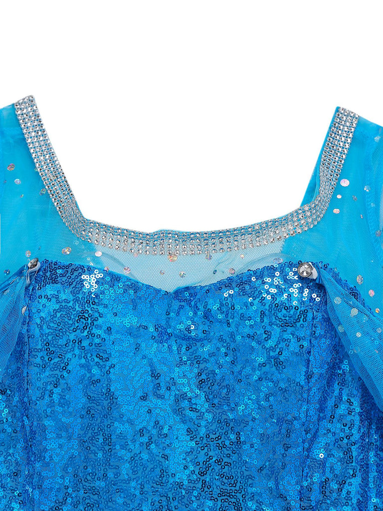 Cape et robe Elsa bleue à paillettes unis années 1970