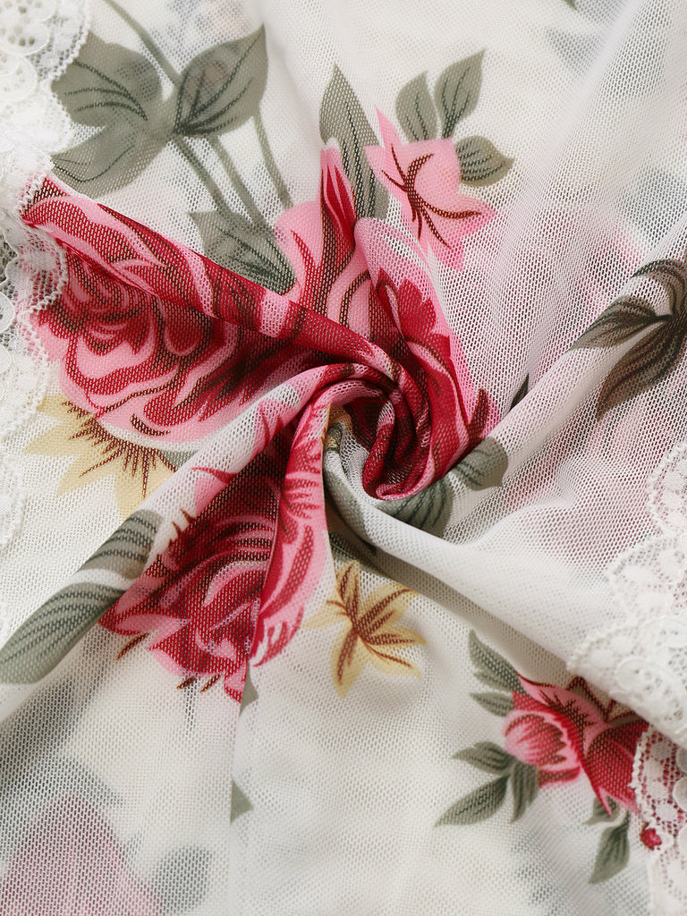 Chemise de nuit bordures en dentelle roses à bretelles années 1930
