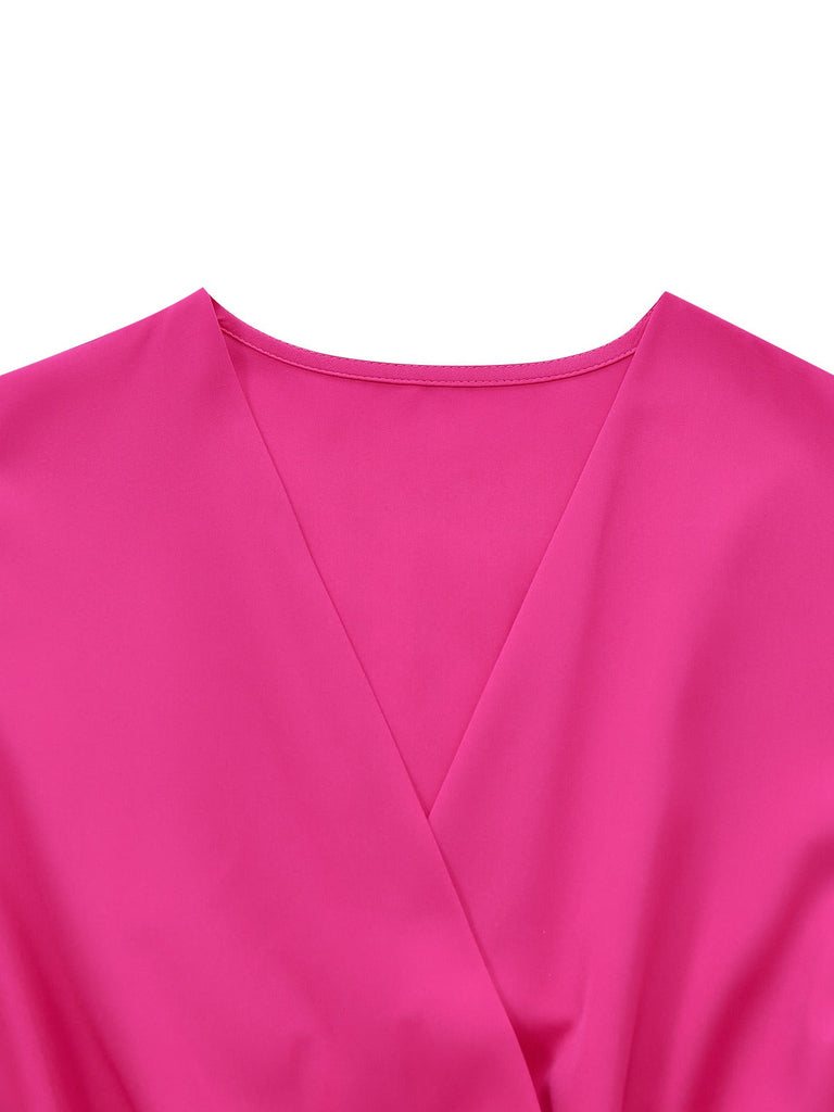 Combinaison rose poudré décolleté en V profond ceinture et manches lanternes années 60