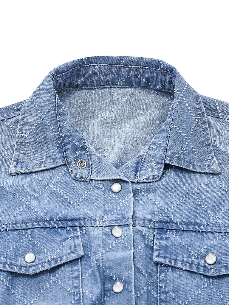 Combishort utilitaire en jean bleu avec boutons années 1980