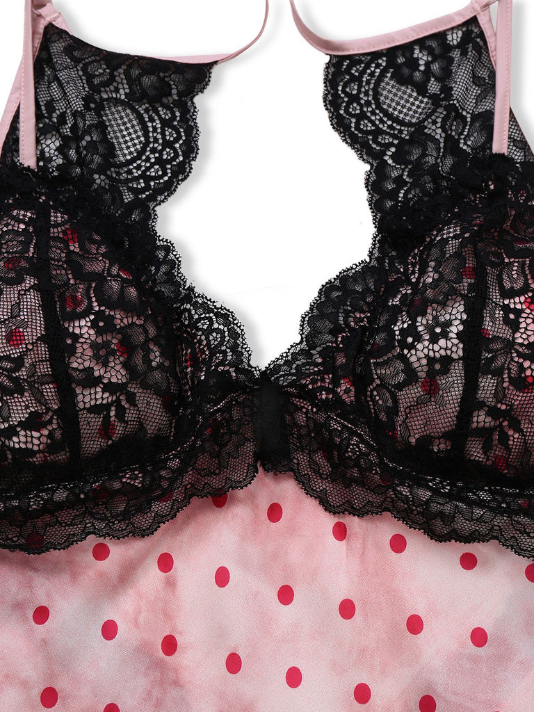 Nuisette dos nu en satin rose à pois et bordure en dentelle années 1940