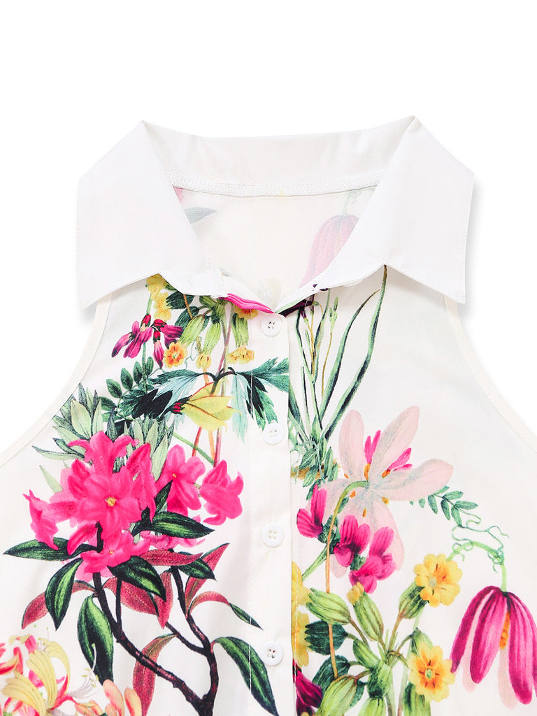 Robe-chemise fleurie à col halter et taille nouée années 1950 - 3