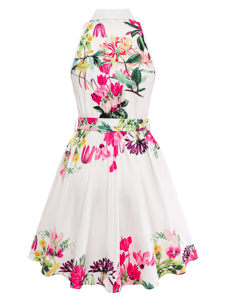 Robe-chemise fleurie à col halter et taille nouée années 1950 - 2