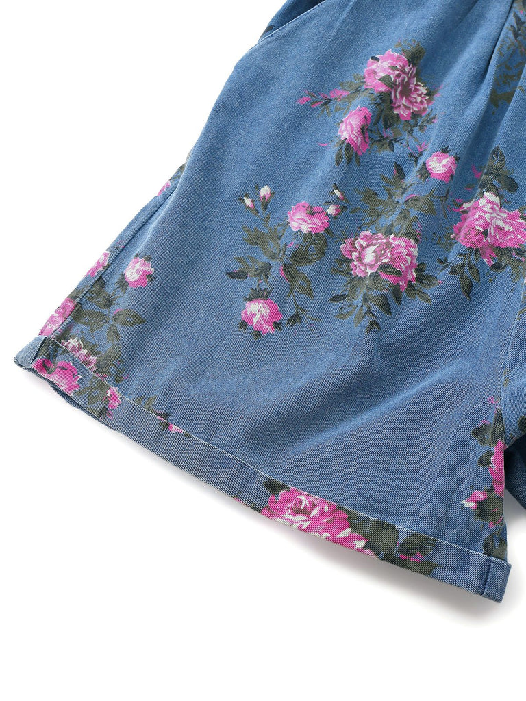 Combishort Bleue Jean Fleurs Bretelles Larges Années 1960