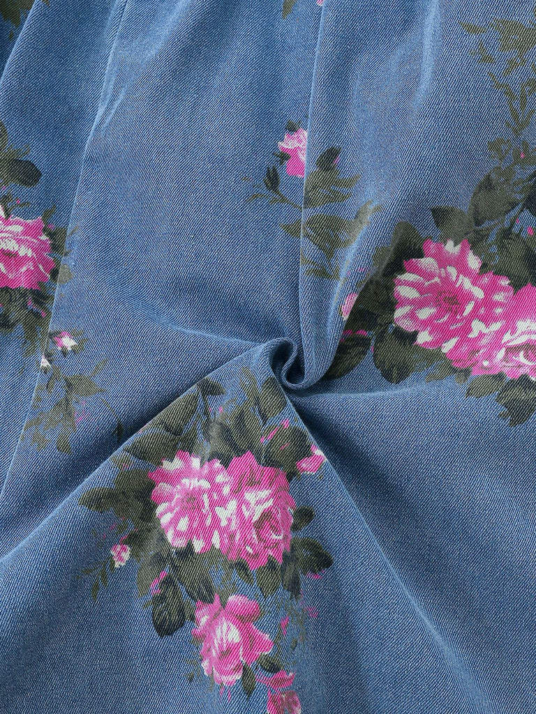 Combishort Bleue Jean Fleurs Bretelles Larges Années 1960