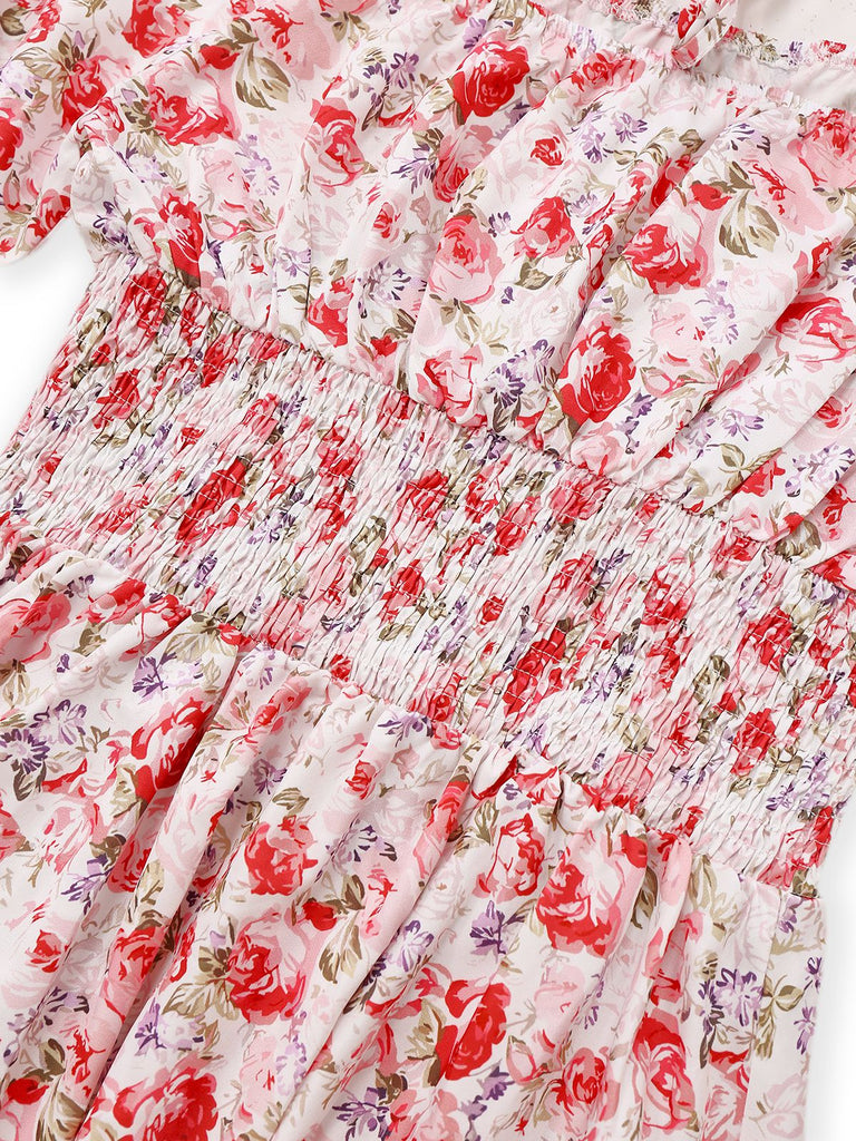 Robe manches bouffantes imprimé fleurs roses taille smockée des années 1950