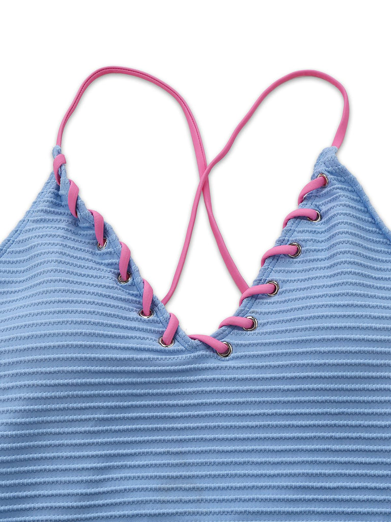 Maillot de bain une pièce bleu clair rayures lacé froncé 1950s