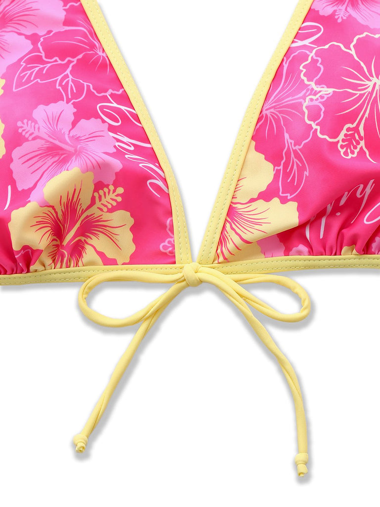 Ensemble bikini rose à imprimé floral à nouer sur le devant et à volants années 1960