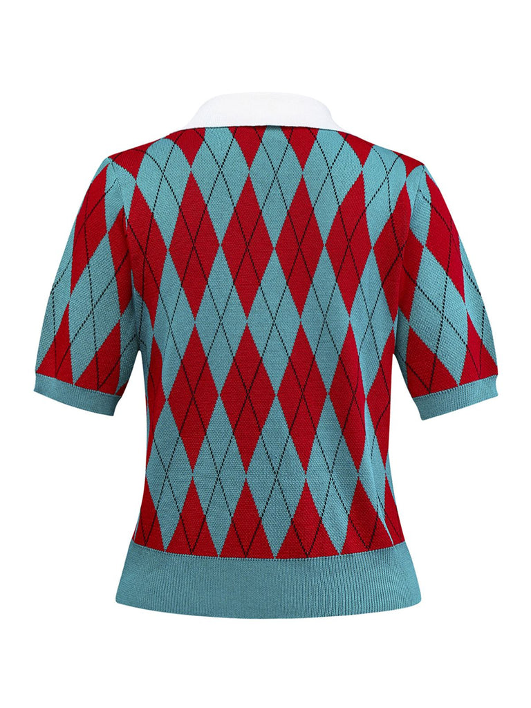 Pull à revers à carreaux losanges et blocs de couleur années 1930