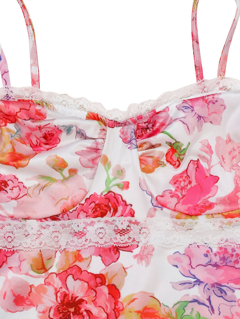 Robe longue moulante bretelles floral rose 1980s