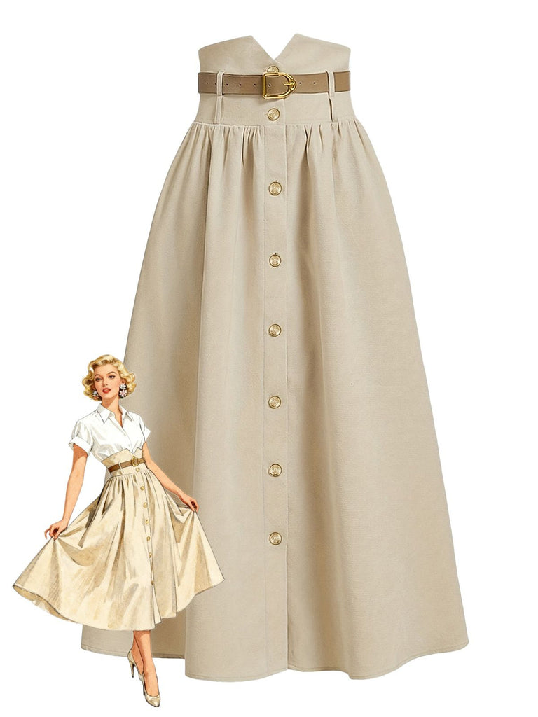 Beige dress with a belt and buttons, worn by a model on a white background