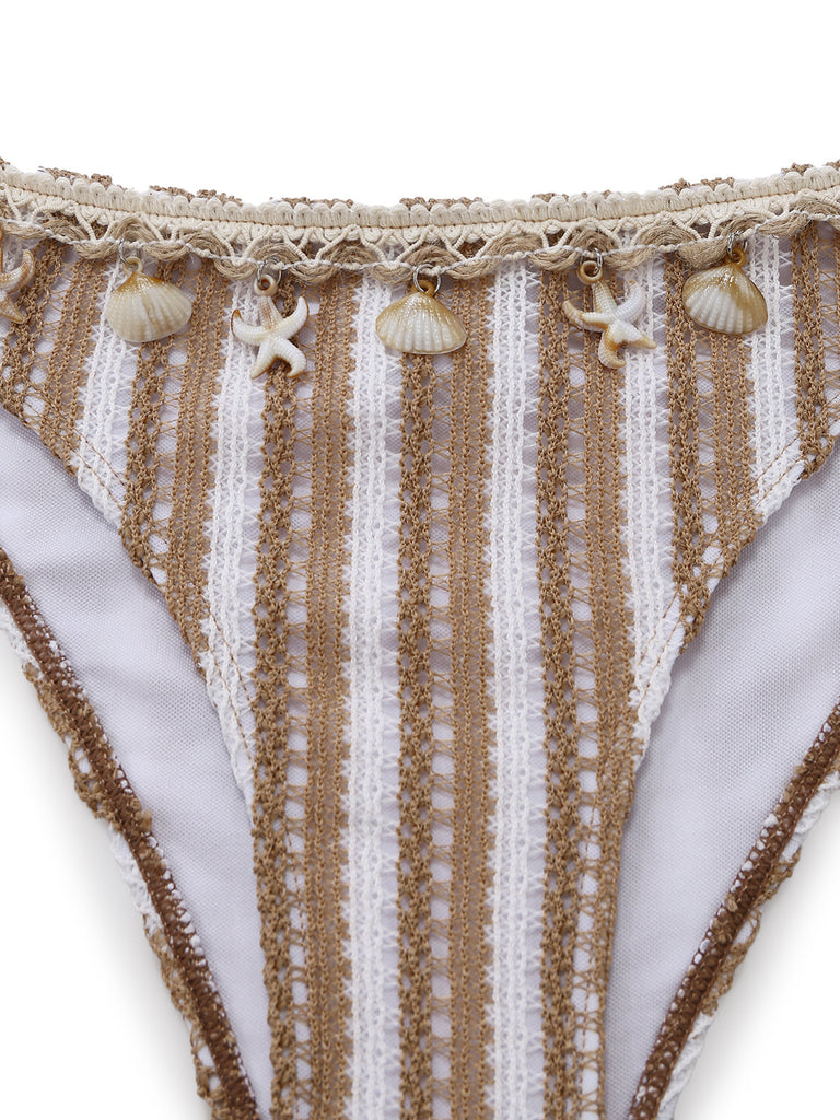 Ensemble Tankini en Crochet Rayé avec Ornements Coquillages & Étoile de Mer 3D Kaki Années 1950 6