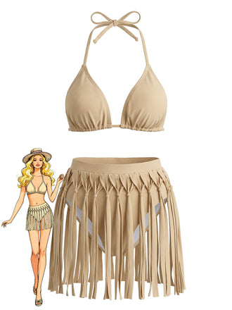 Ensemble Bikini Halter Franges Patchwork Kaki Années 1970