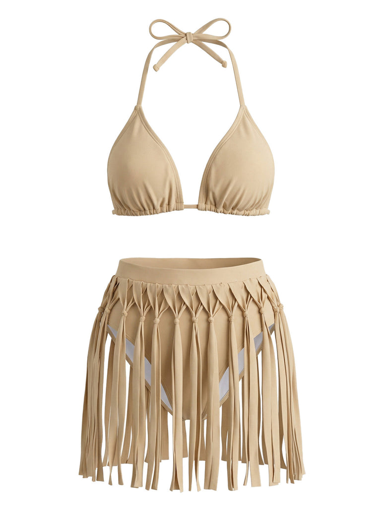 Ensemble Bikini Halter Franges Patchwork Kaki Années 1970 2