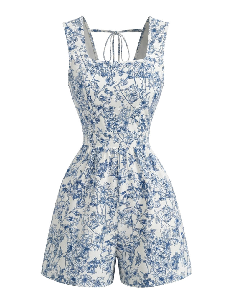 Combishort Sans Manches Col Carré Floral Bleu Années 1950 2
