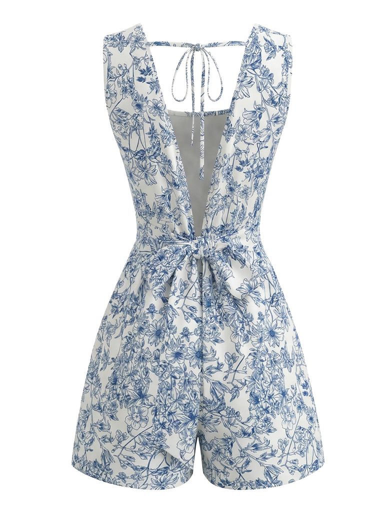 Combishort Sans Manches Col Carré Floral Bleu Années 1950 3