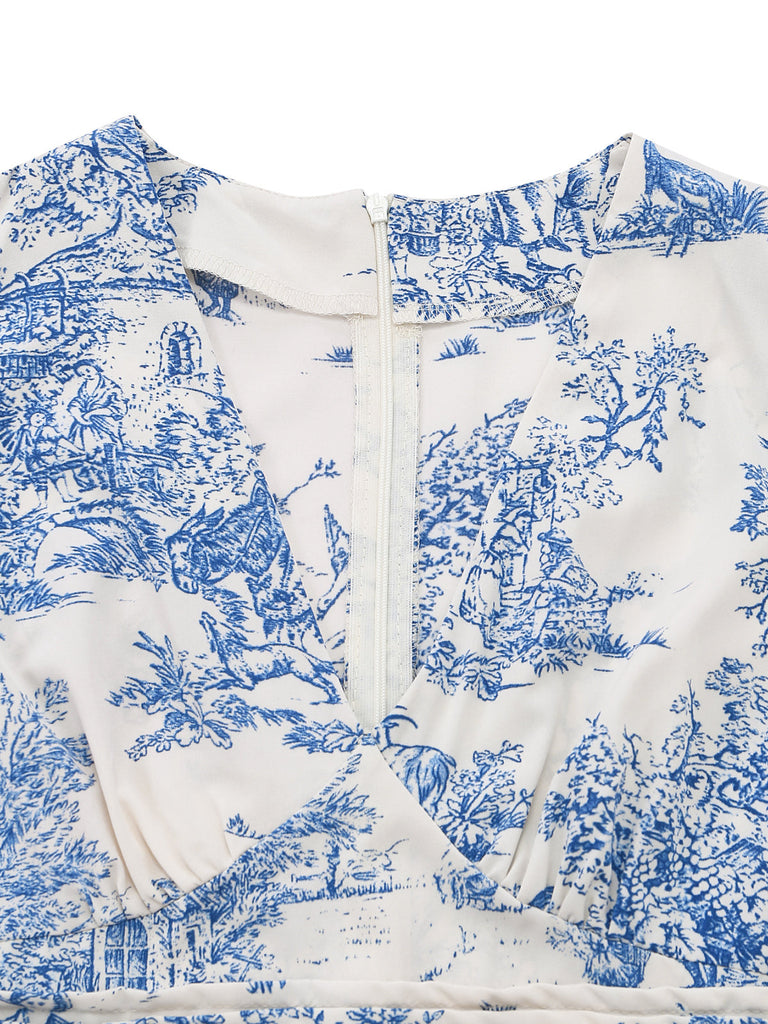 Robe Froncée Col V Imprimé Porcelaine Bleu Clair Années 50