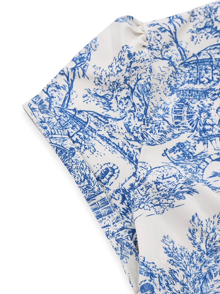 Robe Froncée Col V Imprimé Porcelaine Bleu Clair Années 50