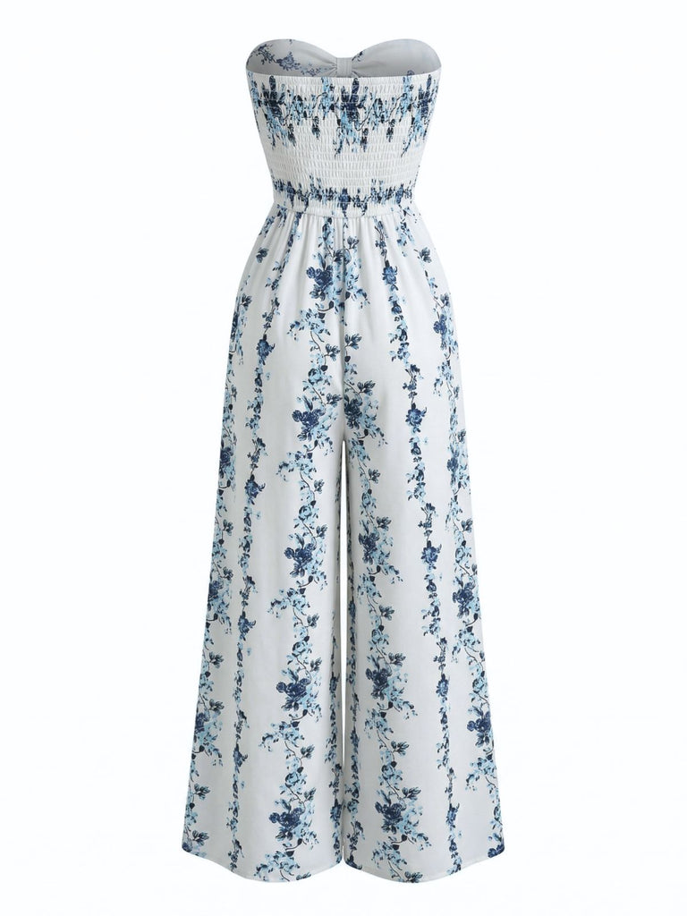 Bustier Florale Imprimée Jambes Larges Bohème Combinaison Bleue Années 1970 4