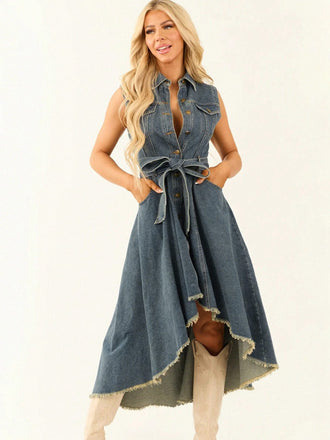 Clair Bleu Sans Manches Ourlet Asymétrique Denim Robe Années 1950 2