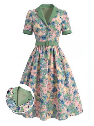 [Prévente] Robe Col Cranté Floral Bleu Clair Années 50