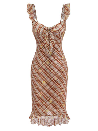 [Prévente] Clair Marron Volant à Carreaux Citron Pencil Robe Années 1960 2