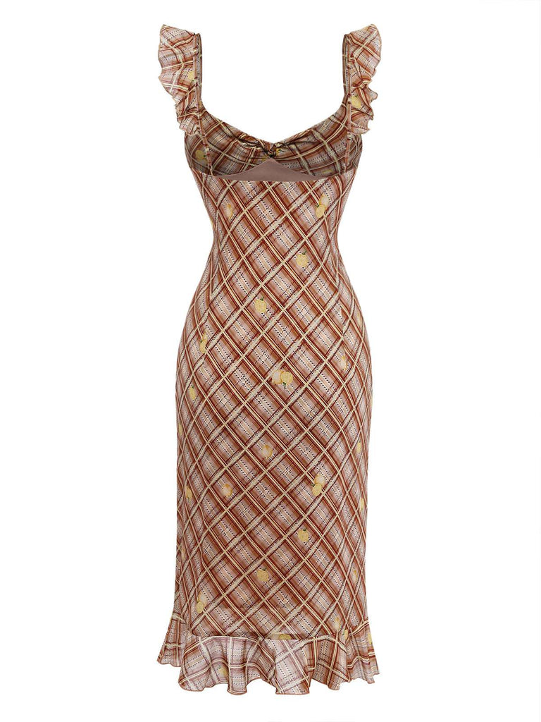 [Prévente] Clair Marron Volant à Carreaux Citron Pencil Robe Années 1960 4