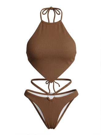 Dos-Nu Côtelé Ensemble Bikini Marron Années 1960 2