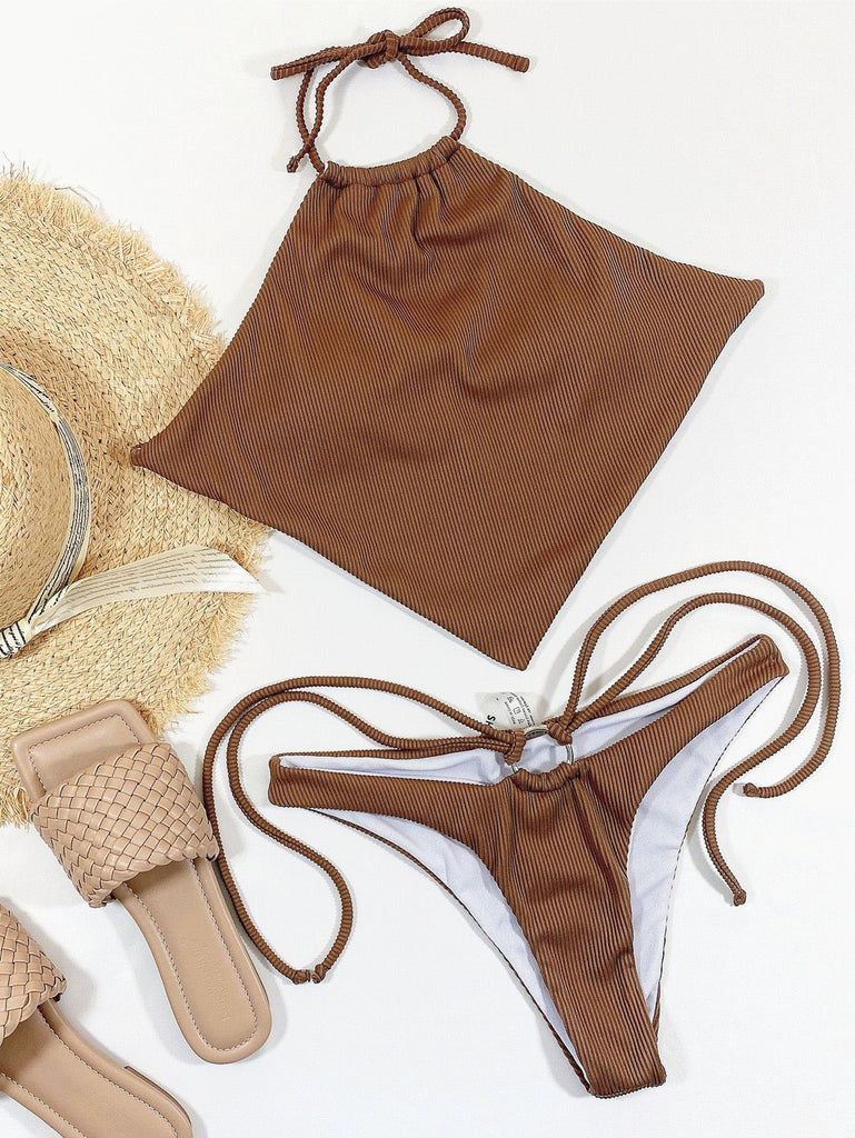 Dos-Nu Côtelé Ensemble Bikini Marron Années 1960 6