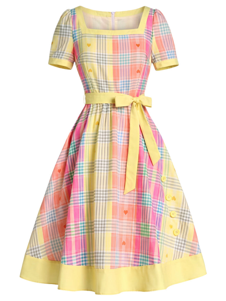 [Prévente] Robe Col Carré à Carreaux avec Cœur Jaune Clair Années 50
