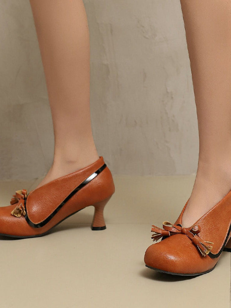 Chaussures rétro à nœud en PU, bout rond et talon compensé