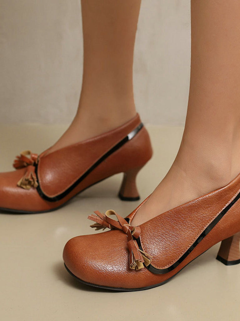 Chaussures rétro à nœud en PU, bout rond et talon compensé