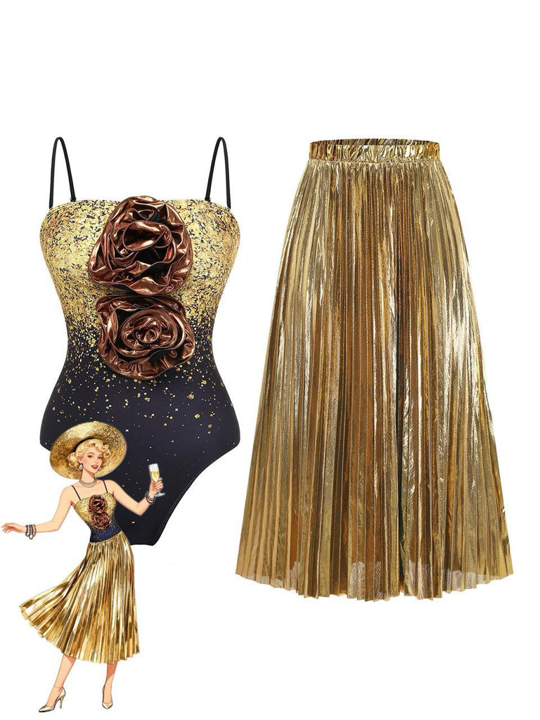 Body à sequins dorés avec détails floraux et jupe plissée dorée sur fond blanc