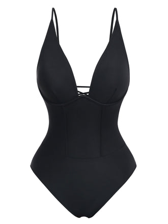 Maillot de bain une pièce noir gainant à décolleté plongeant en V, style pin-up, années 1950 - noir classique