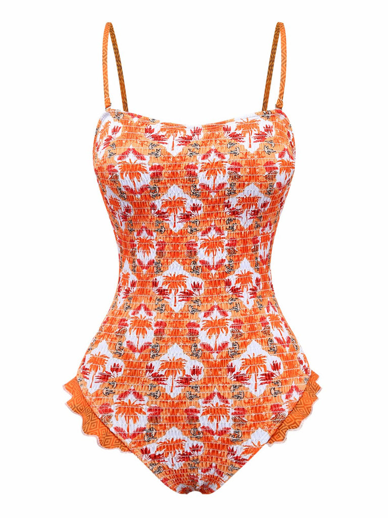 Maillot de bain orange imprimé cocotier tropical années 1960